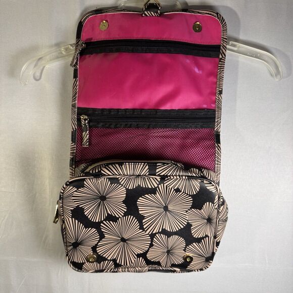 Trina Turk Hanging Toiletry Travel Cosmetic Bag Black Beige Floral Pink Lining - Picture 5 of 9